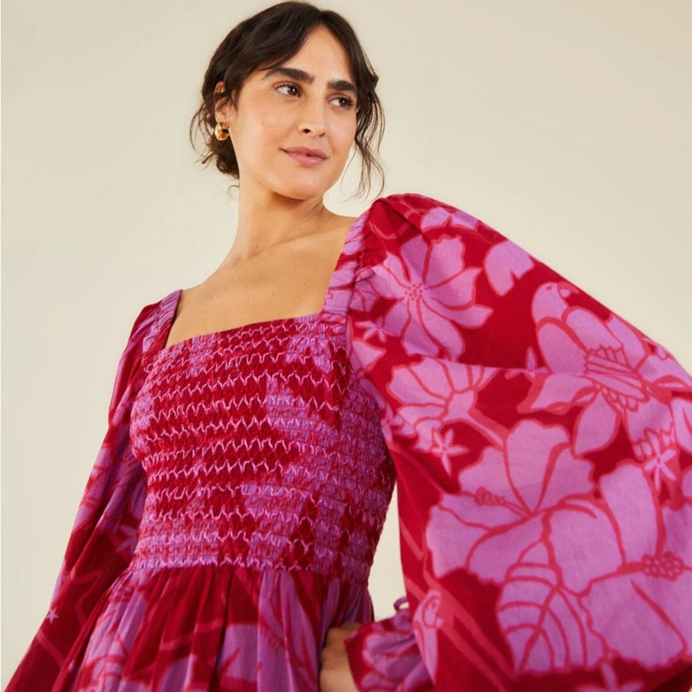 NWT Farm Rio living nature burgundy smocked maxi dress